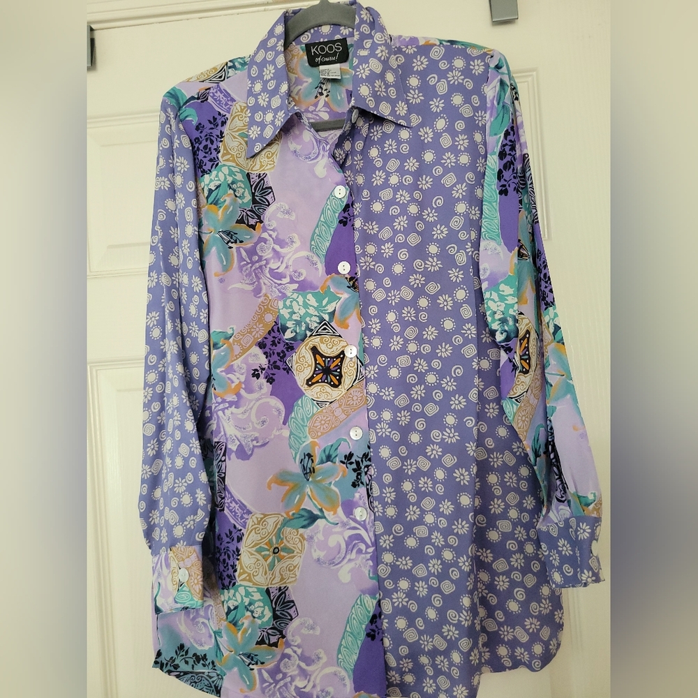 Koos of Course Womens 100% Silk Boho Festival Mixed PatternPaisley Blouse Artsy